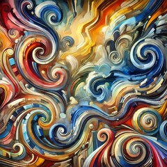 Fototapete - A vibrant and dynamic abstract background with swirling patterns and bold colors. The image features a mix of bright blues, deep purples, and fiery oranges, creating a sense of movement and energy.
