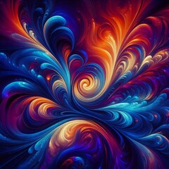 Fototapete - A vibrant and dynamic abstract background with swirling patterns and bold colors. The image features a mix of bright blues, deep purples, and fiery oranges, creating a sense of movement and energy.