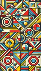 Fototapete - A vibrant geometric pattern featuring a variety of shapes such as triangles, circles, and squares. The pattern is composed of bold, contrasting colors like red, blue, yellow, and green.