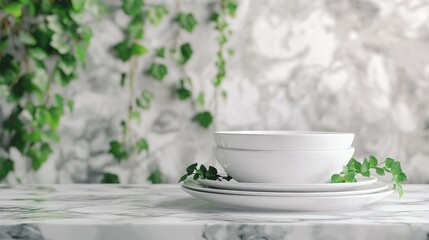 Canvas Print - White Plate with Bowls and Green Leaves on a Marble Table