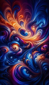 A vibrant and dynamic abstract background with swirling patterns and bold colors. The image features a mix of bright blues, deep purples, and fiery oranges, creating a sense of movement and energy.