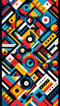 A vibrant geometric pattern featuring a variety of shapes such as triangles, circles, and squares. The pattern is composed of bold, contrasting colors like red, blue, yellow, and green.