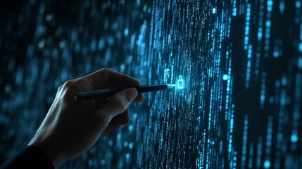 Poster - Hand with Stylus and Digital Lock Symbol