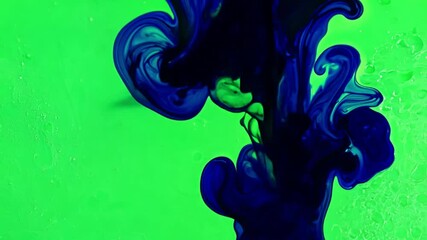 Poster - Abstract Ink Swirl on Green: An ethereal and captivating image of a swirling blue ink plume against a vibrant green backdrop. The ink dances and flows.