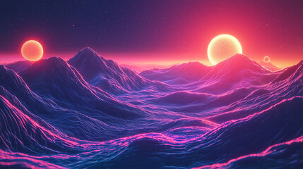 Wall Mural - neon mountains under a cosmic sky dotted with glowing orbs create a surreal and dreamlike landscape