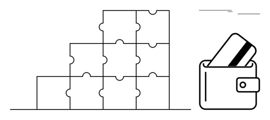 Puzzle pyramid and wallet with credit card. Ideal for financial planning concepts, business strategy, personal finance, saving methods, systemic thinking, structured planning, solution strategy. Line