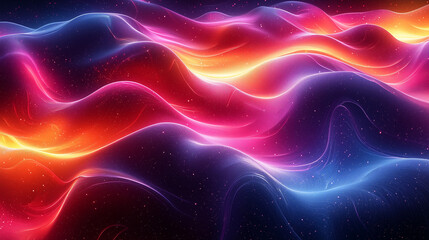 Wall Mural - undulating waves of pink and blue neon light create a tranquil yet dynamic pattern across a starlit 