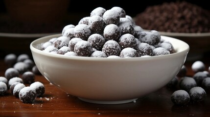 Poster - Close-up of Bowl Filled with Small Chocolate Balls Coated in Powdered Sugar