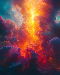 Wall Mural - fiery eruption in cosmic clouds, a surreal blend of red and blue with golden hues in abstract art