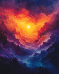 Wall Mural - cosmic sunset over mystical mountains, a vibrant play of red and orange hues in abstract form