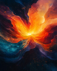 Wall Mural - celestial burst of fiery hues against a backdrop of swirling cosmic blues in abstract art