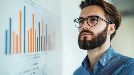 Poster - A focused man analyzes a colorful bar chart on a wall, demonstrating engagement with data and business metrics in a professional setting.