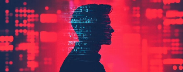 Poster - A silhouette of a person against a vibrant red and blue digital background, suggesting themes of technology and data.