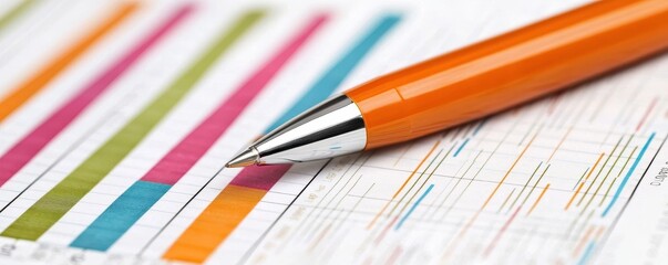 Poster - a close-up of a vibrant orange pen resting on a colorful document filled with charts and lines, emph