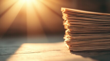 Poster - A stack of papers illuminated by warm sunlight, creating a serene and inviting atmosphere with soft focus.