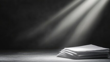 Poster - A stack of papers illuminated by soft light against a dark background, creating a dramatic and minimalist visual effect.
