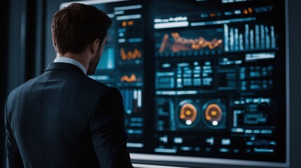 Poster - a business professional analyzes data on a high-tech screen, showcasing graphs and charts in a moder