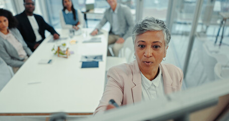 Aufkleber - Coaching, presentation and mature with business woman in meeting for workshop, brainstorming and public relations. Clients, project management and media campaign with people in office for proposal