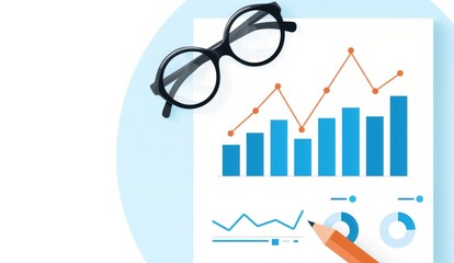 Poster - A flat lay of a report with graphs, glasses, and a pencil, symbolizing data analysis and business insights.