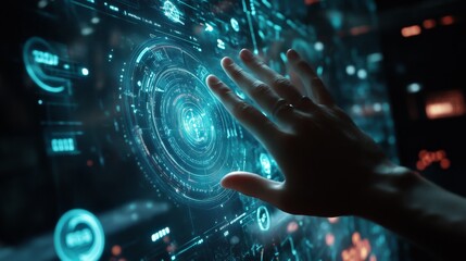 Poster - Futuristic interaction with holographic technology in a digital laboratory environment close-up viewpoint innovation concept