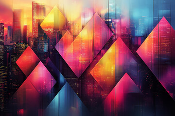 Wall Mural - urban skyline reflected in vibrant geometric shapes, blending the essence of city lights with abstract artistry