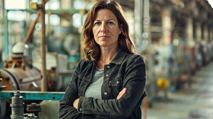 Poster - Portrait of female manager standing in modern industrial factory. 