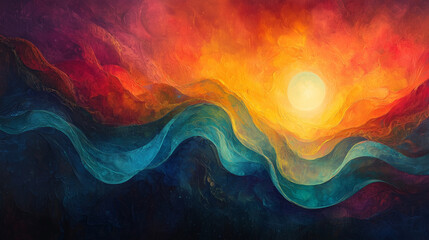Wall Mural - serene night scene with waves of blue under a fiery sky illuminated by a bright full moon