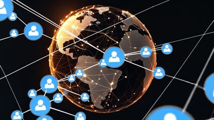 Poster - Abstract global communication network design with geometric patterns and illuminated nodes, emphasizing technological