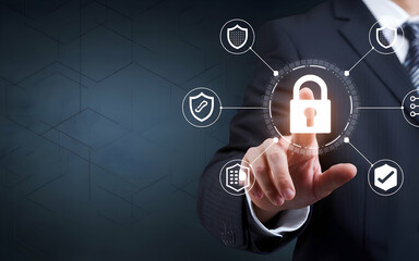 Poster - Cybersecurity Expert: A businessman in a suit confidently points to a glowing padlock icon surrounded by security symbols, representing the power of data protection and digital security.  