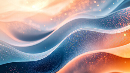 Wall Mural - soft waves infused with sparkling particles in hues of blue and orange under a glowing light