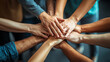 © Yoonnam - Multiple hands from diverse individuals coming together in unity, symbolizing teamwork, collaboration, inclusivity, and collective effort. A vibrant representation of diversity and shared goals
