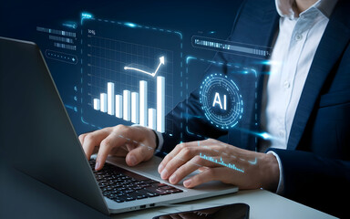 Poster - AI-Powered Business Growth: A businessman uses AI technology on his laptop to analyze data and drive business growth. The image showcases a futuristic, technological advancement in business strategy.