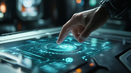 Poster - Interactive technology interface futuristic lab digital display high-tech environment close-up view user engagement concept