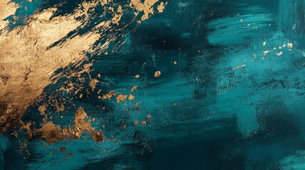 Poster - Dynamic abstract painting in teal and gold artistic composition modern art gallery vibrant colors contemporary style