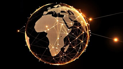 Poster - Abstract global communication network design with geometric patterns and illuminated nodes, emphasizing technological