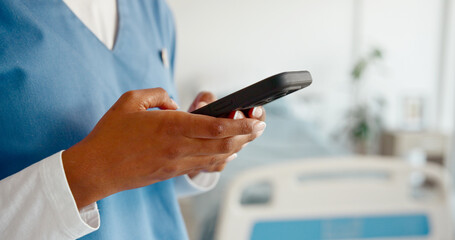 Leinwandbilder - Woman, nurse and hands with phone in clinic, schedule communication and app for medical research. Female person, wireless consultation and online for healthcare, hospital networking and physician