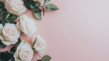 Poster - Delicate white and pink roses lie gracefully on a soft pastel background, celebrating nature’s beauty and offering a peaceful ambiance perfect for any occasion