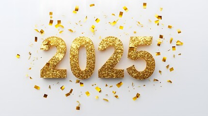 Wall Mural - Shiny Gold Glitter '2025' Numbers on White Background with Golden Confetti, Creating a Festive and Joyful Flat Lay Composition in High-Resolution Vector Illustration