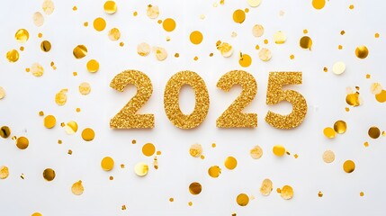 Wall Mural - Shiny Gold Glitter '2025' Numbers on White Background with Golden Confetti, Creating a Festive and Joyful Flat Lay Composition in High-Resolution Vector Illustration