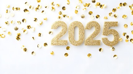 Wall Mural - Shiny Gold Glitter '2025' Numbers on White Background with Golden Confetti, Creating a Festive and Joyful Flat Lay Composition in High-Resolution Vector Illustration