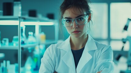 Poster - a dedicated lab scientist works in a high-tech facility, surrounded by colorful glassware and equipm