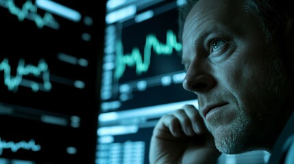 Poster - data analysis expert monitoring financial trends in high-tech control room environment at night for 