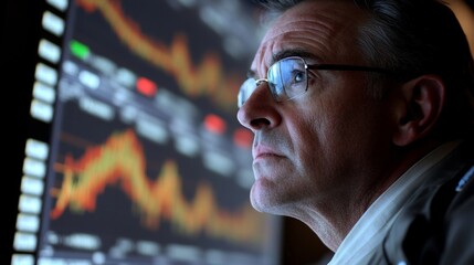 Poster - data analyst reviewing market trends financial sector digital display office environment close-up vi
