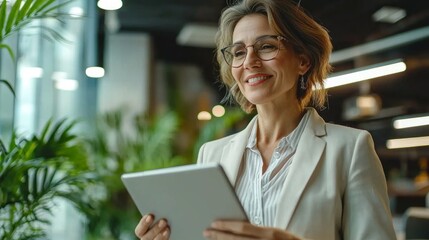 Poster - A Latin Hispanic professional stands confidently in a contemporary office, holding a tablet