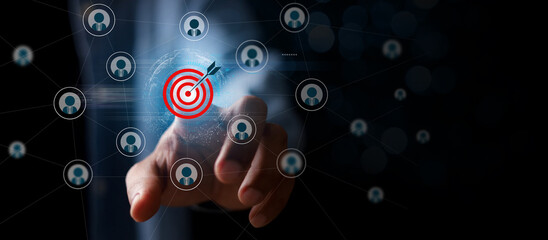 Wall Mural - red dartboard and red arrow connection linkage with human icon for customer focus target group and c