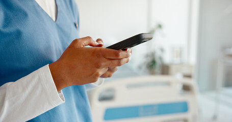Poster - Woman, nurse and hands with phone in hospital, schedule communication and app for medical research. Female person, wireless consultation and online for healthcare, clinic networking and text doctor