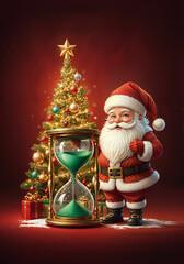 Wall Mural - cute Santa with gifts near hourglass on Christmas background . Generative AI