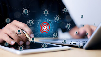 Wall Mural - red dartboard and red arrow connection linkage with human icon for customer focus target group and c
