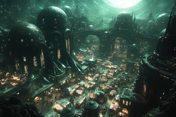 Poster - A futuristic cityscape with glowing domes and intricate architecture.