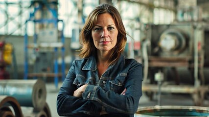 Poster - Portrait of female manager standing in modern industrial factory.